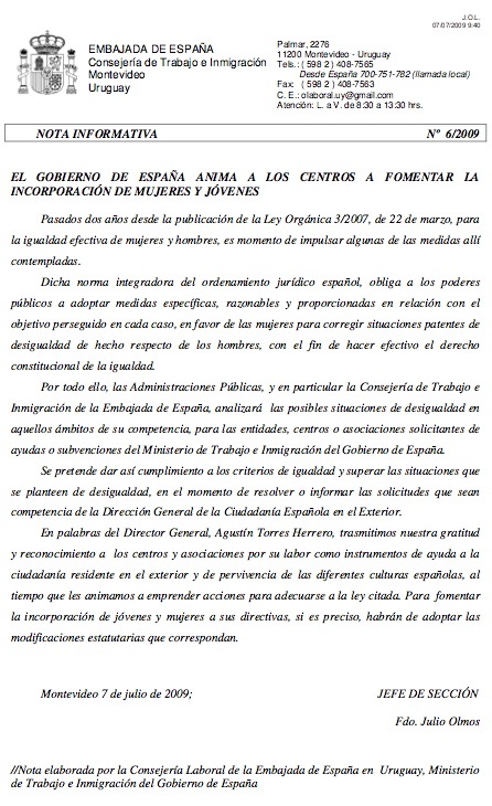 Nota 6-2009 sobre Ley de Igualdad